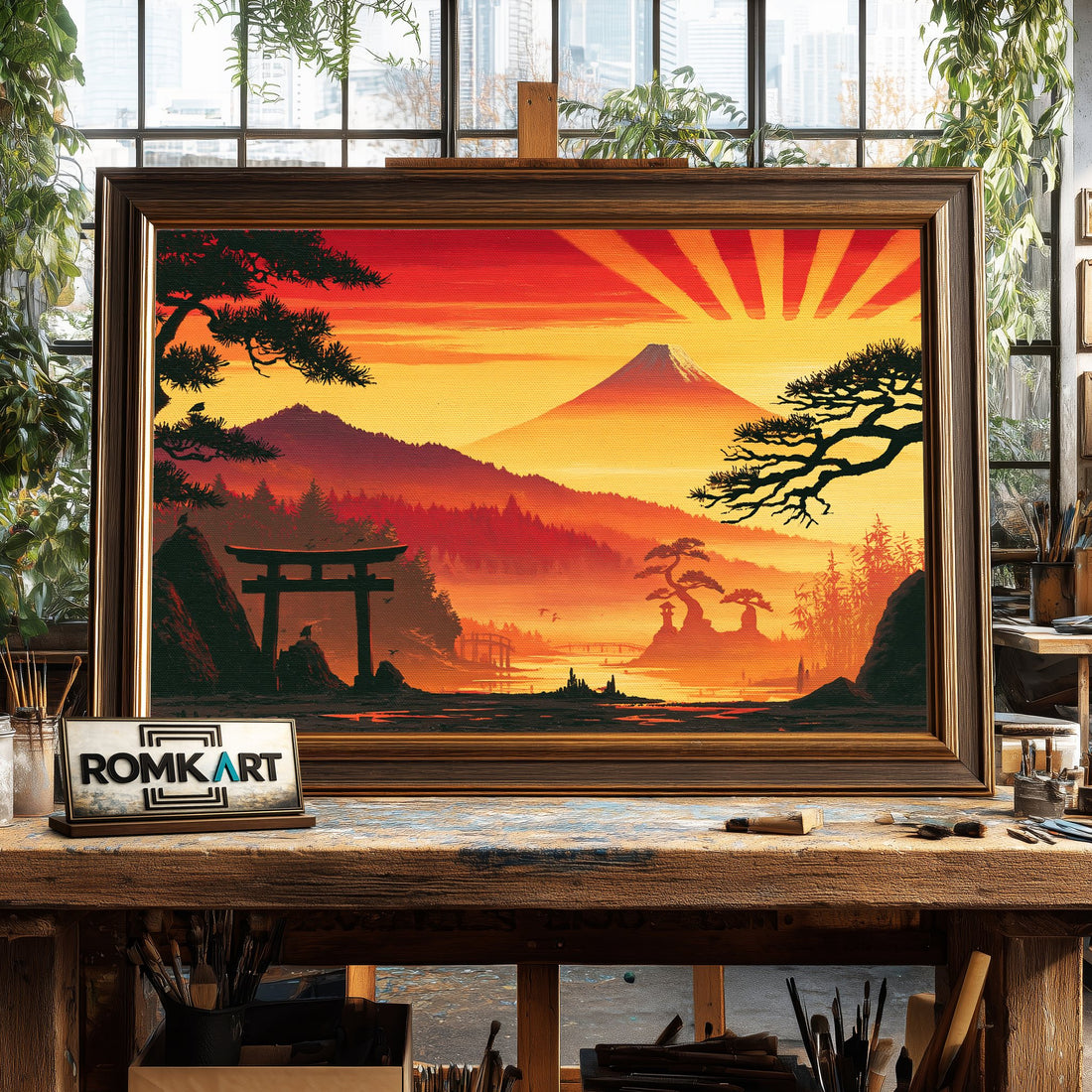Japanese Minimalist Sunset hand-painted oil painting on canvas