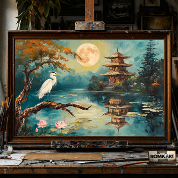 Japanese Temple and Crane hand-painted oil painting on canvas