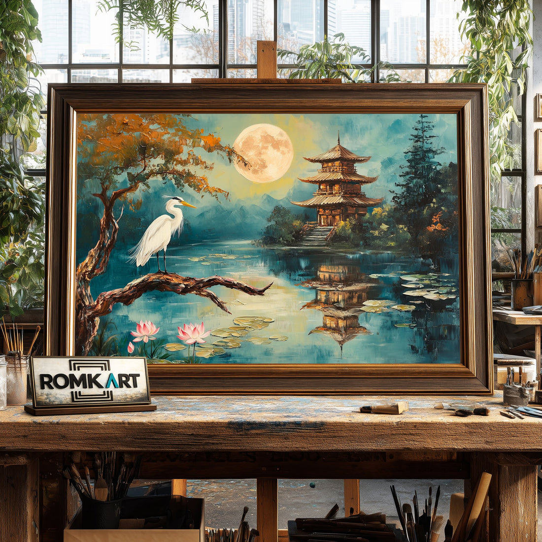 Japanese Temple and Crane hand-painted oil painting on canvas