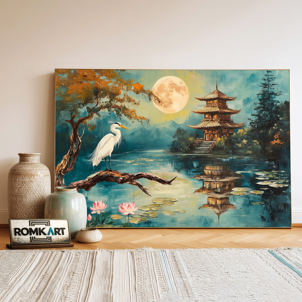 Japanese Temple and Crane Asian Art Oil Painting - image 3