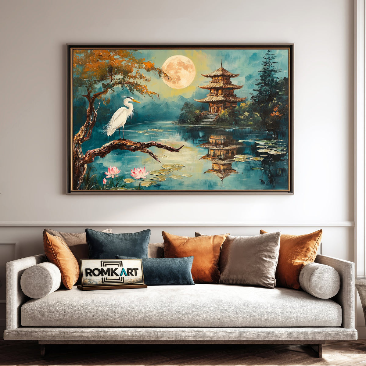 Japanese Temple and Crane Asian Art Oil Painting - image 4