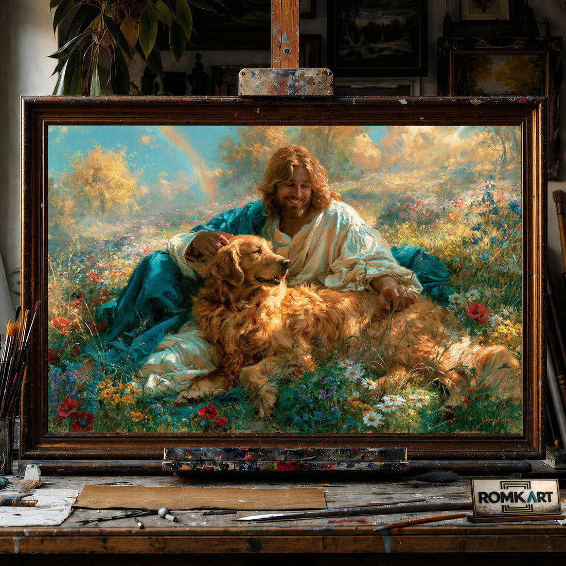 Jesus and Golden Brown Retriever hand-painted oil painting on canvas