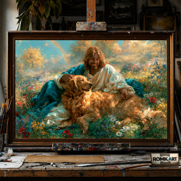 Jesus and Golden Brown Retriever hand-painted oil painting on canvas
