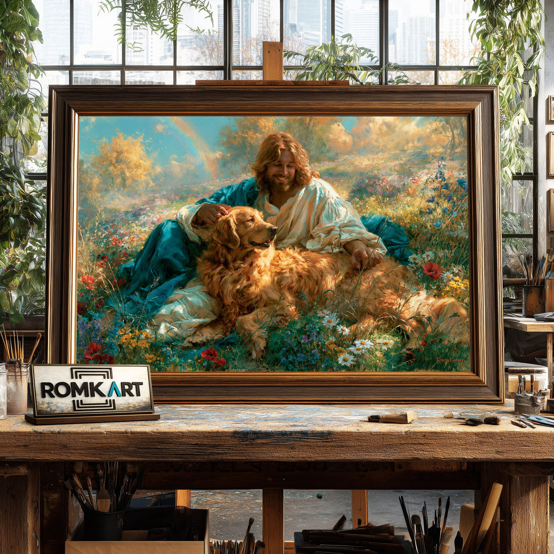 Jesus and Golden Brown Retriever hand-painted oil painting on canvas