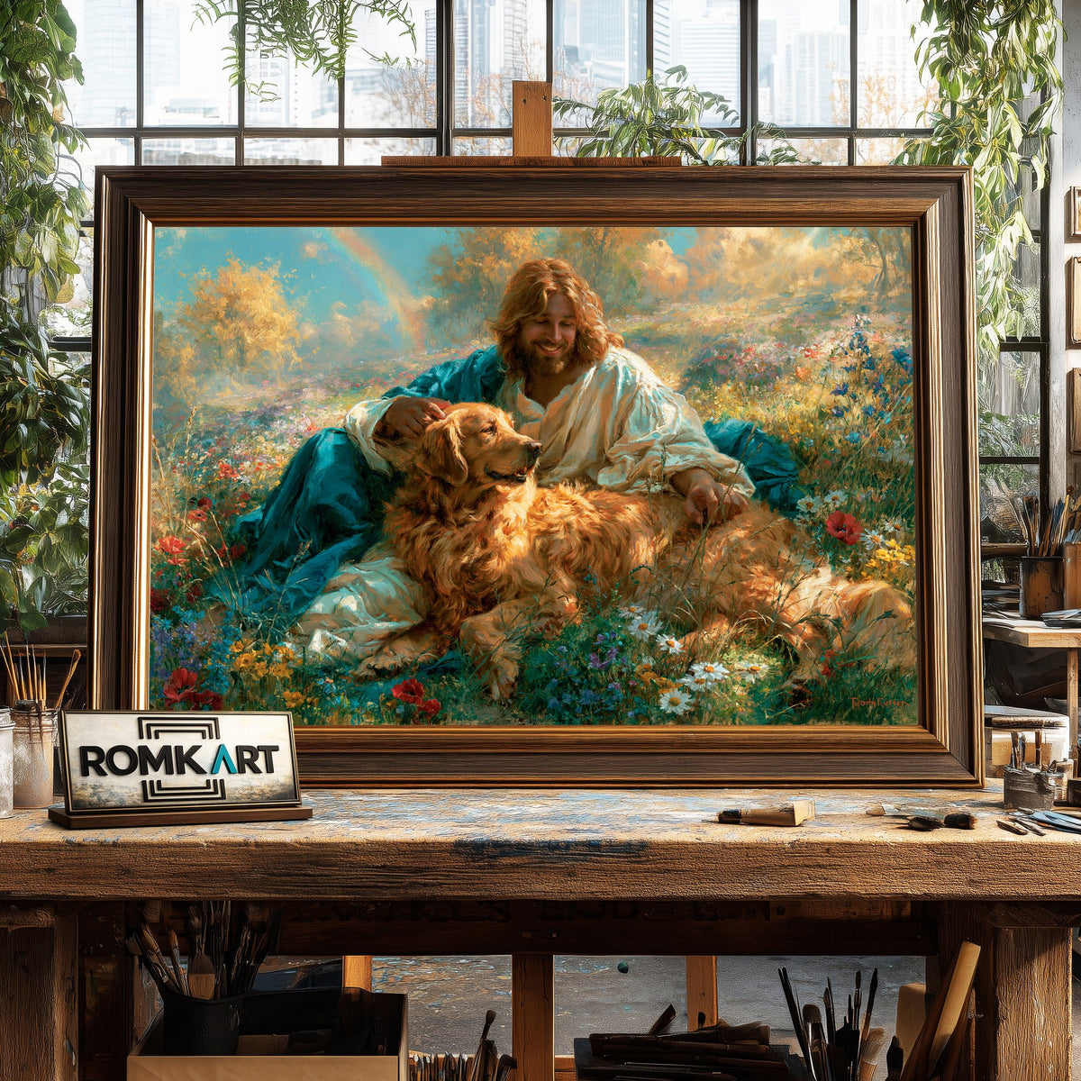 Jesus and Golden Brown Retriever Dog Oil Painting - image 2
