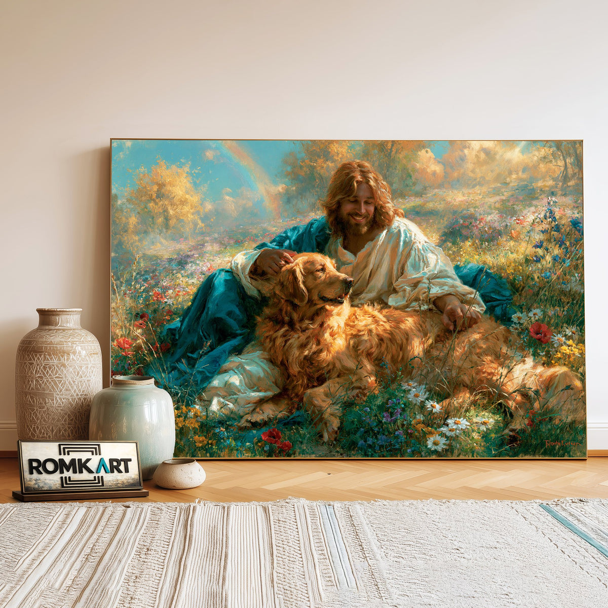 Jesus and Golden Brown Retriever Dog Oil Painting - image 3
