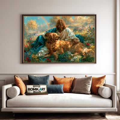 Jesus and Golden Brown Retriever Dog Oil Painting - image 4