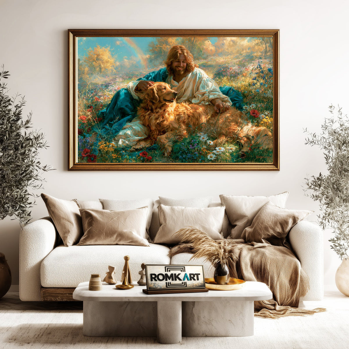 Jesus and Golden Brown Retriever Dog Oil Painting - image 5