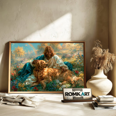 Jesus and Golden Brown Retriever Dog Oil Painting - image 6