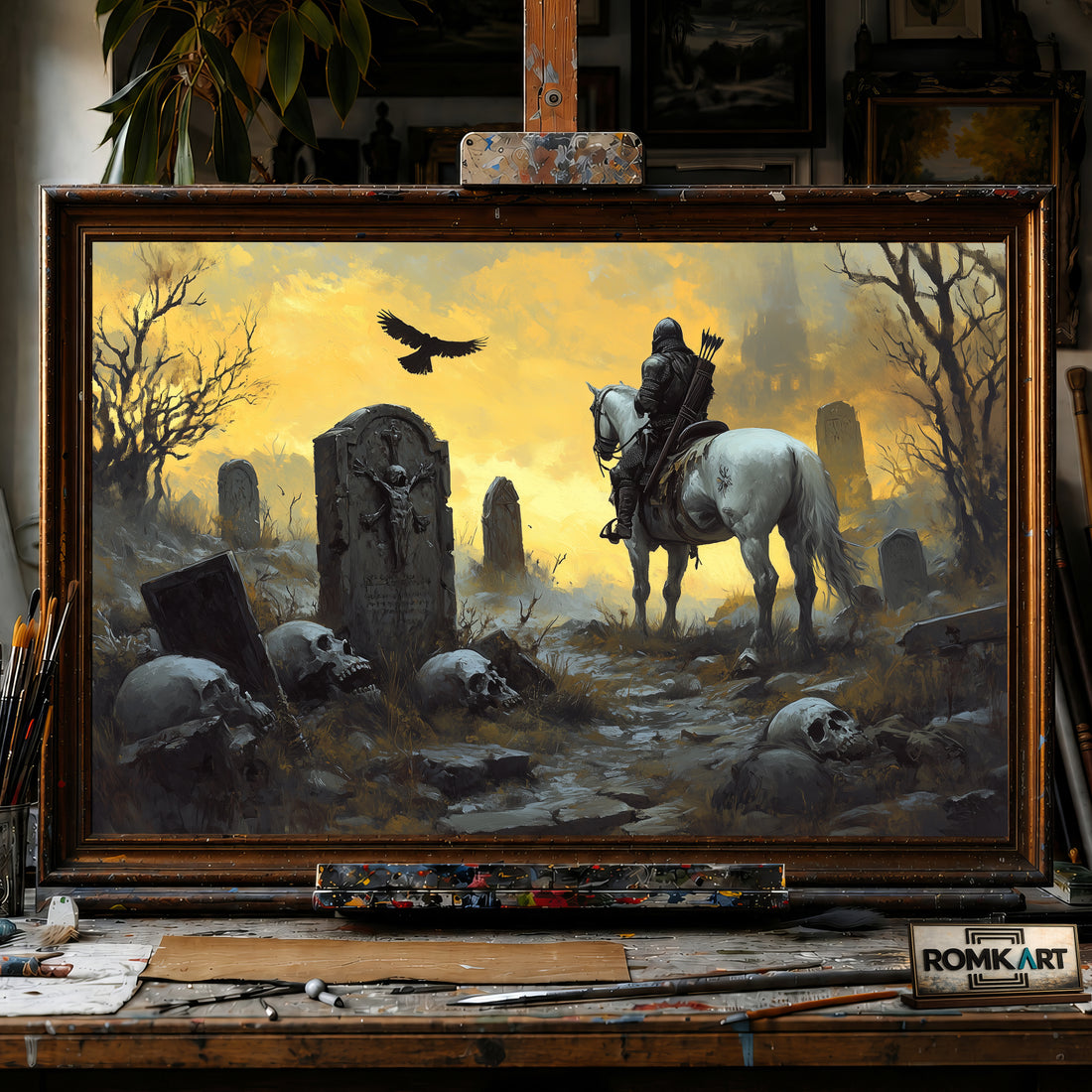 Knight and Horse in Ancient Tombstones hand-painted oil painting on canvas
