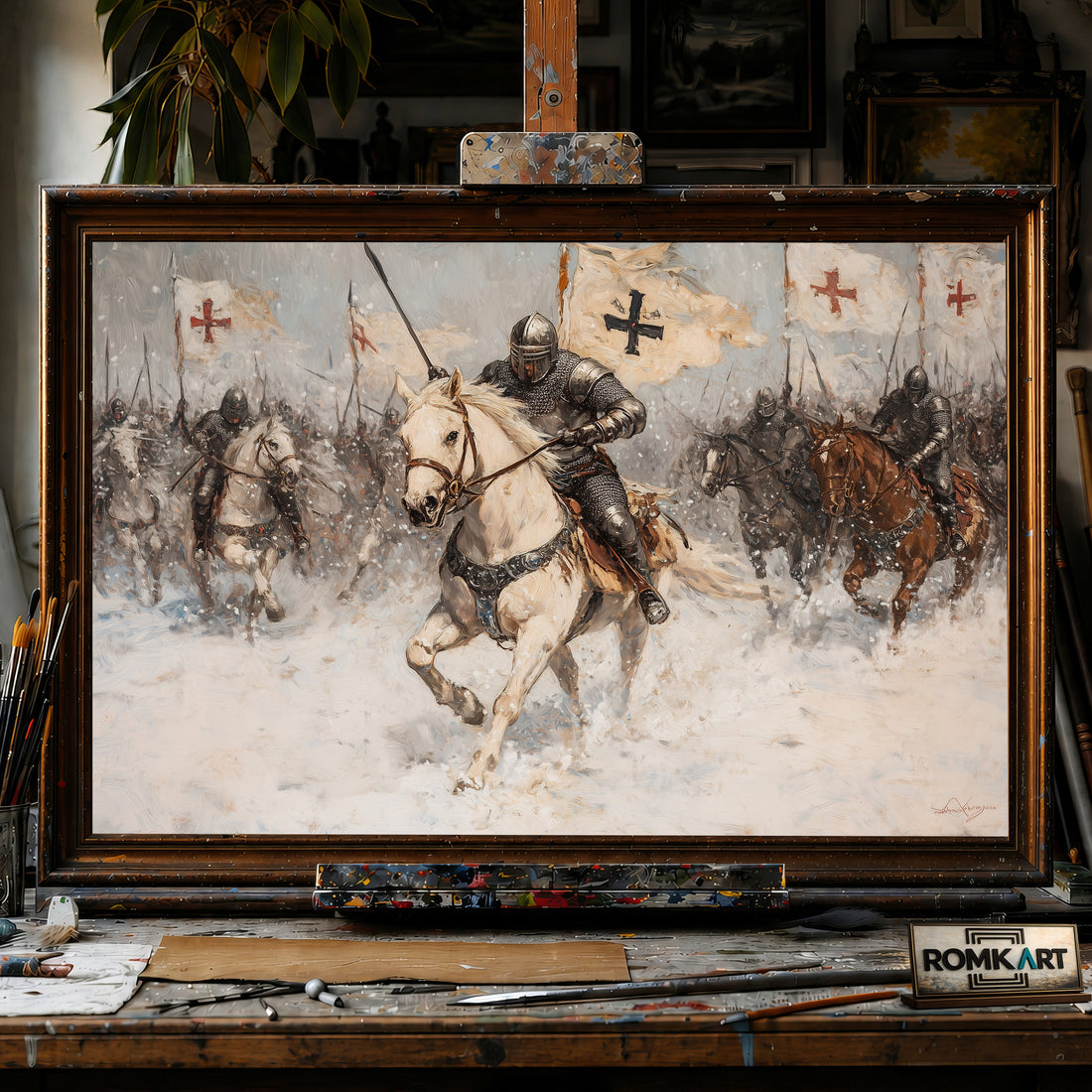 Knights Charging on Snow Battlefield hand-painted oil painting on canvas
