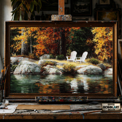 Lakeside Autumn White Chairs hand-painted oil painting on canvas
