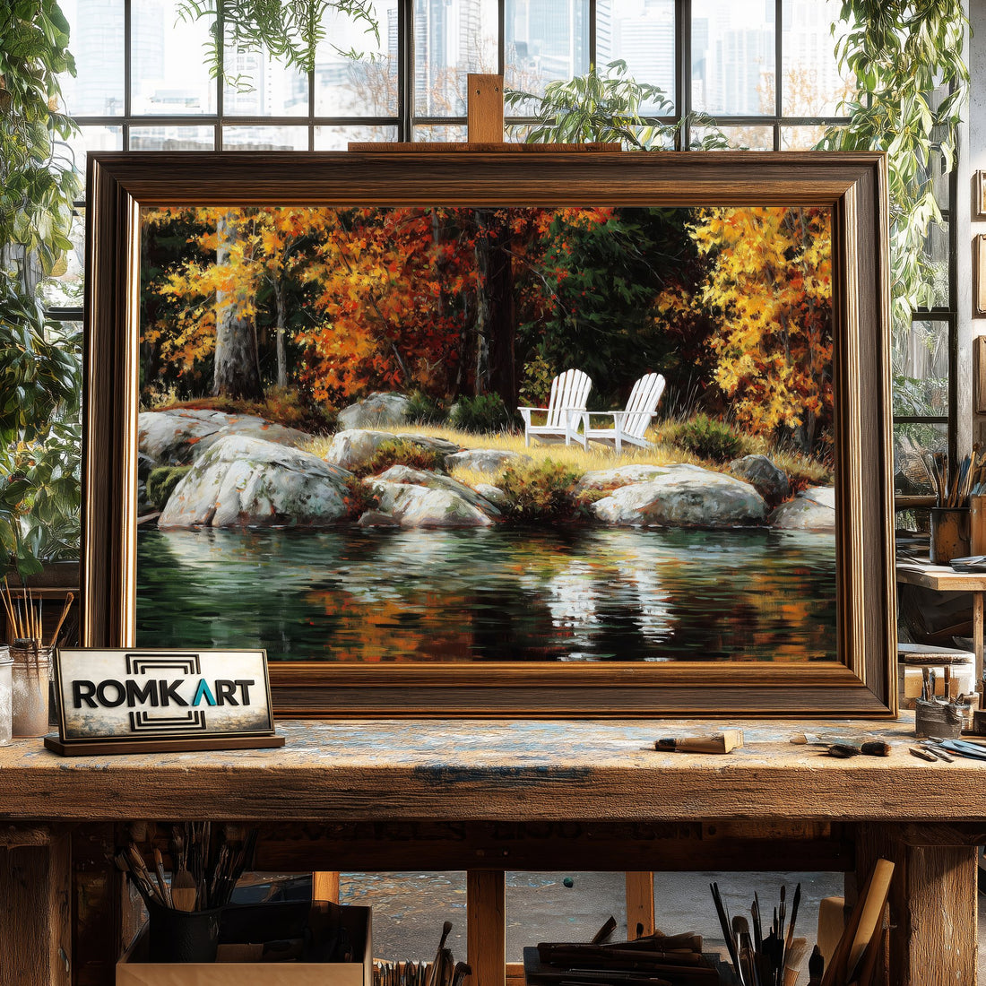 Lakeside Autumn White Chairs hand-painted oil painting on canvas