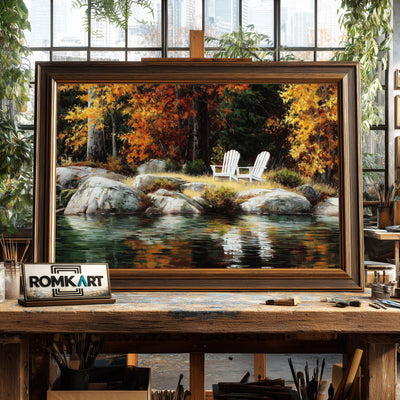 Lakeside Autumn White Chairs Waterscape Oil Painting - image 2
