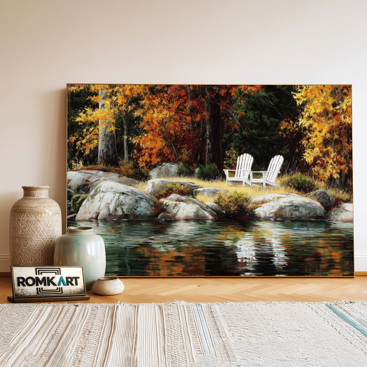 Lakeside Autumn White Chairs Waterscape Oil Painting - image 3