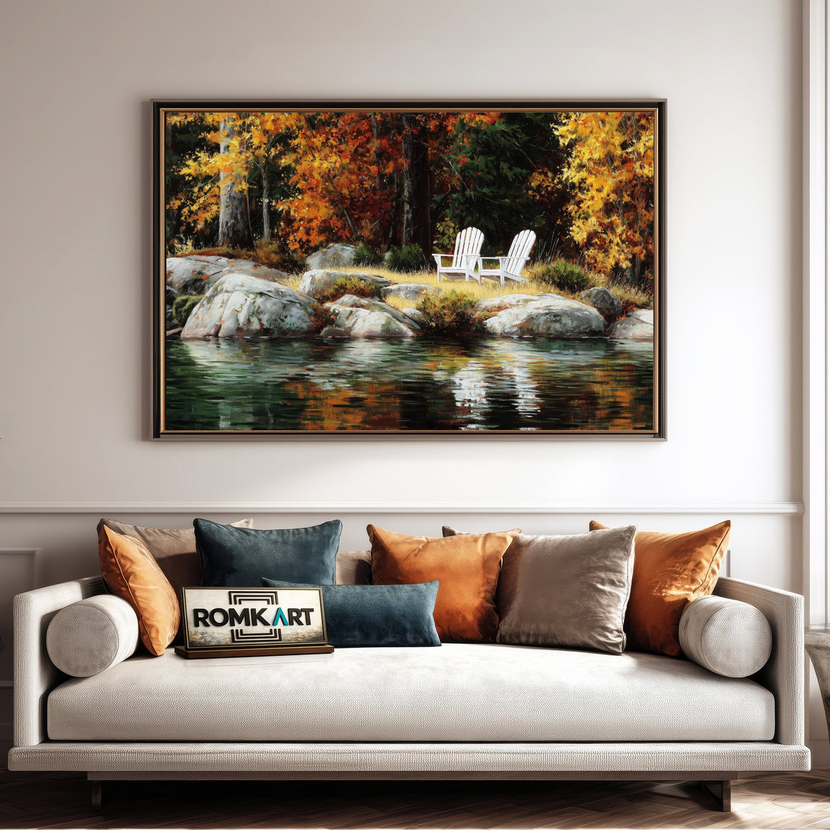 Lakeside Autumn White Chairs Waterscape Oil Painting - image 4