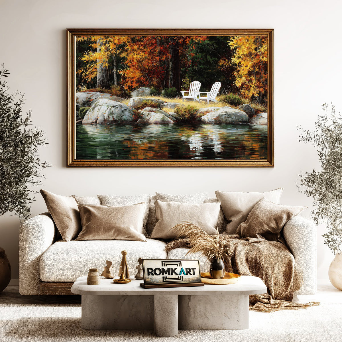 Lakeside Autumn White Chairs Waterscape Oil Painting - image 5