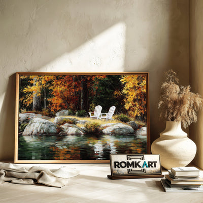 Lakeside Autumn White Chairs Waterscape Oil Painting - image 6