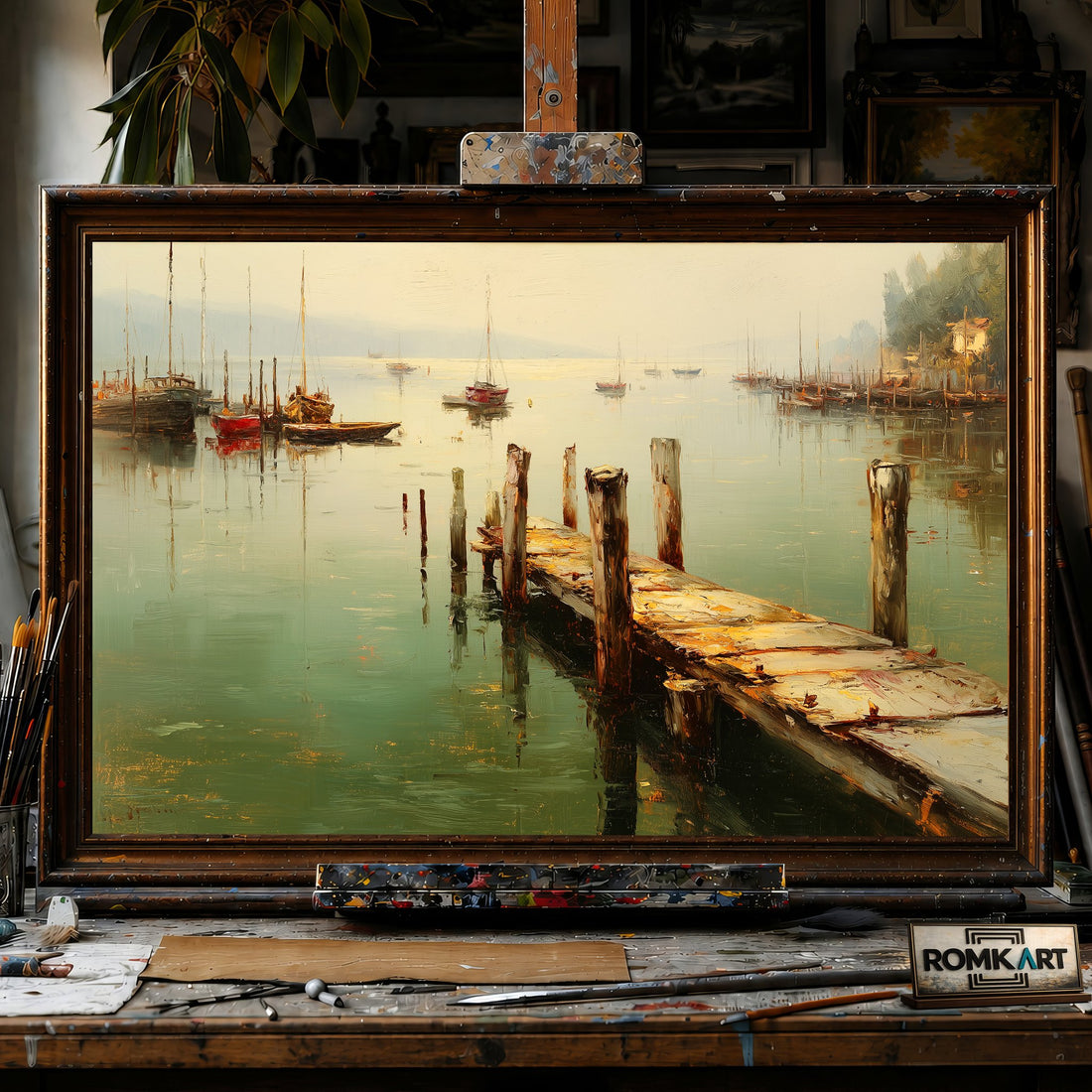 Lakeside Harbor - Hand-Painted Oil Painting - View 1