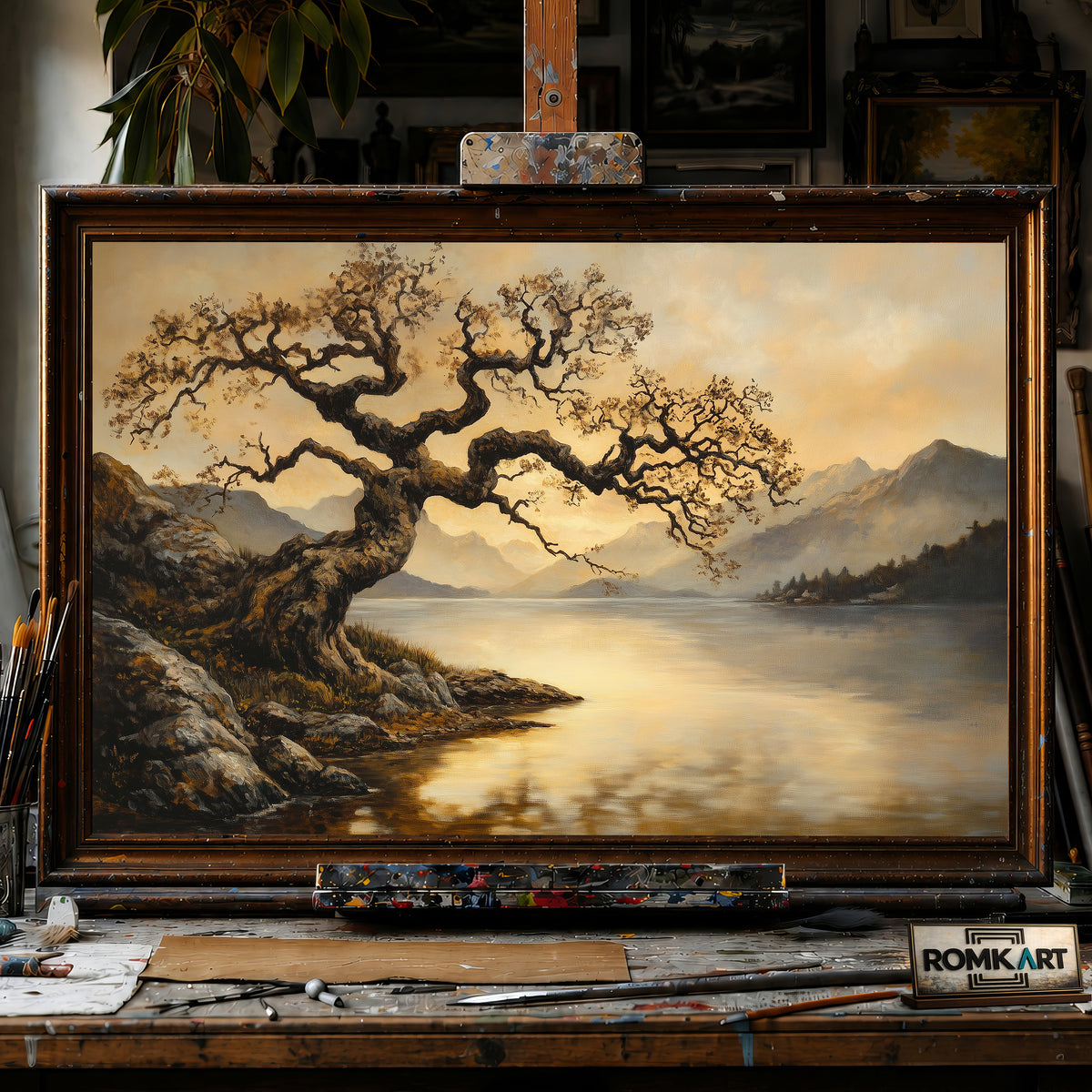 Lakeside Sepia Tone hand-painted oil painting on canvas