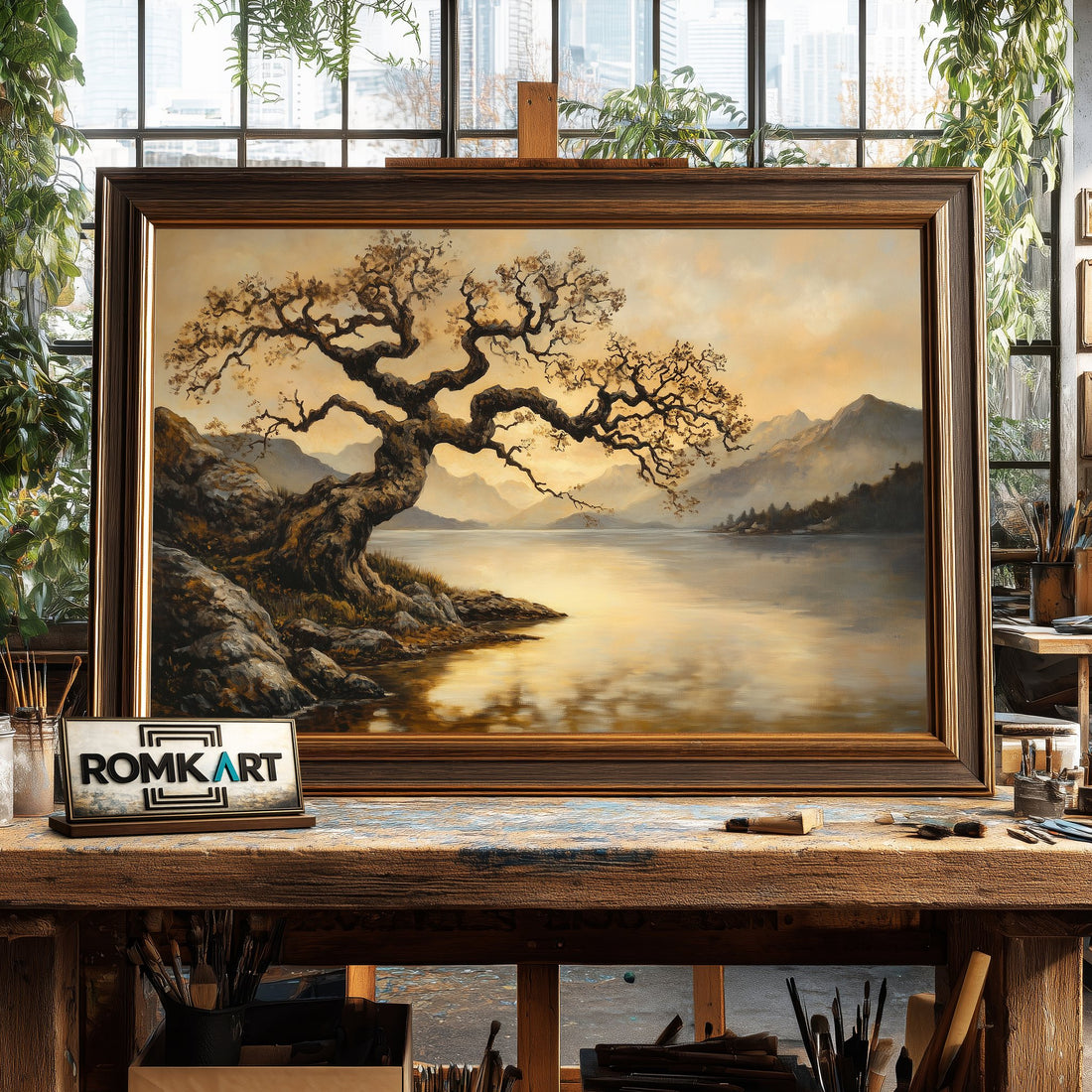 Lakeside Sepia Tone hand-painted oil painting on canvas