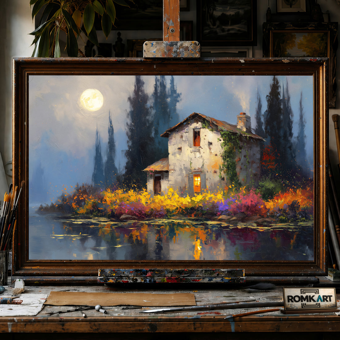 Lakeside under Full Moon hand-painted oil painting on canvas