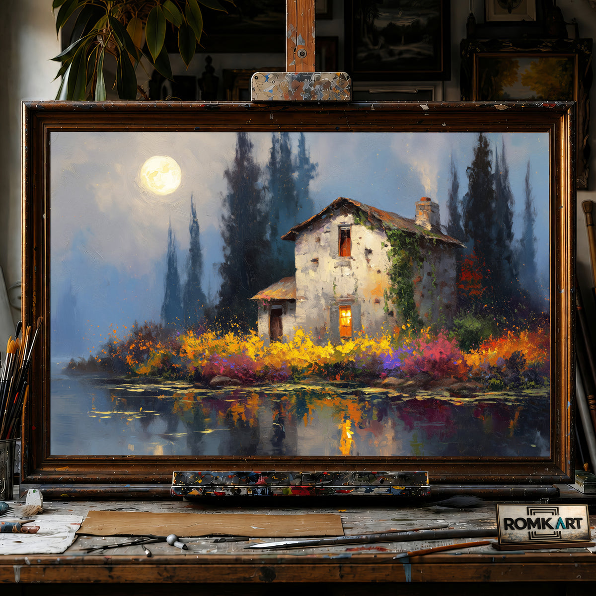 Lakeside under Full Moon hand-painted oil painting on canvas
