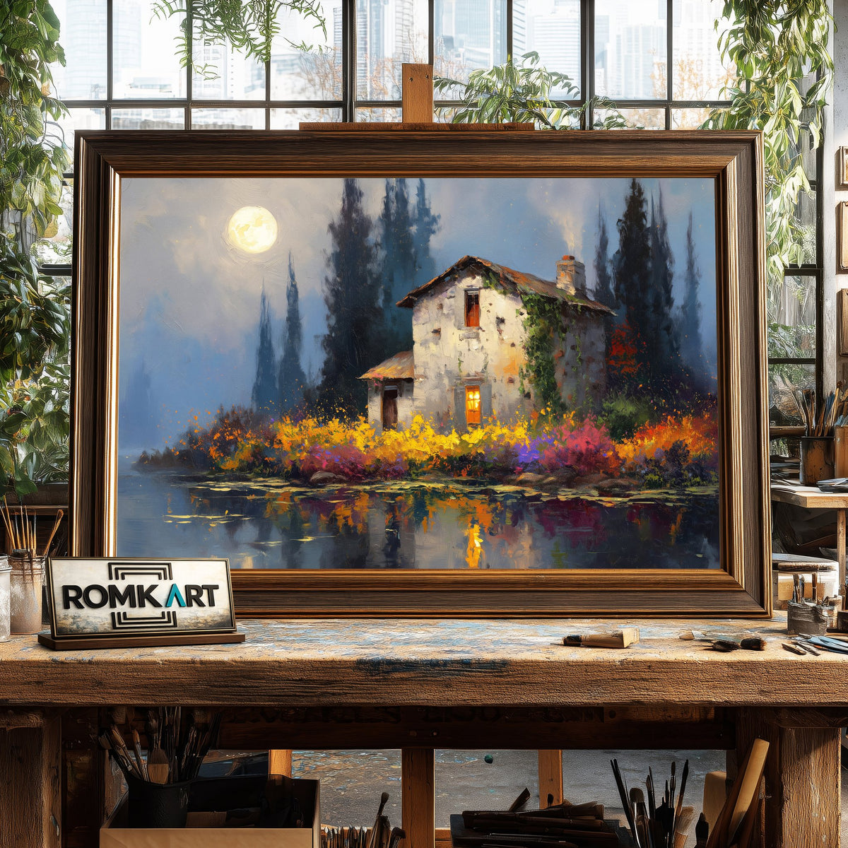 Lakeside under Full Moon Waterscape Oil Painting - image 2