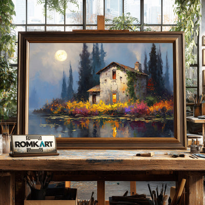 Lakeside under Full Moon Waterscape Oil Painting - image 2