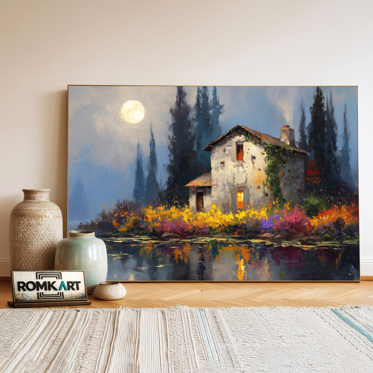 Lakeside under Full Moon Waterscape Oil Painting - image 3