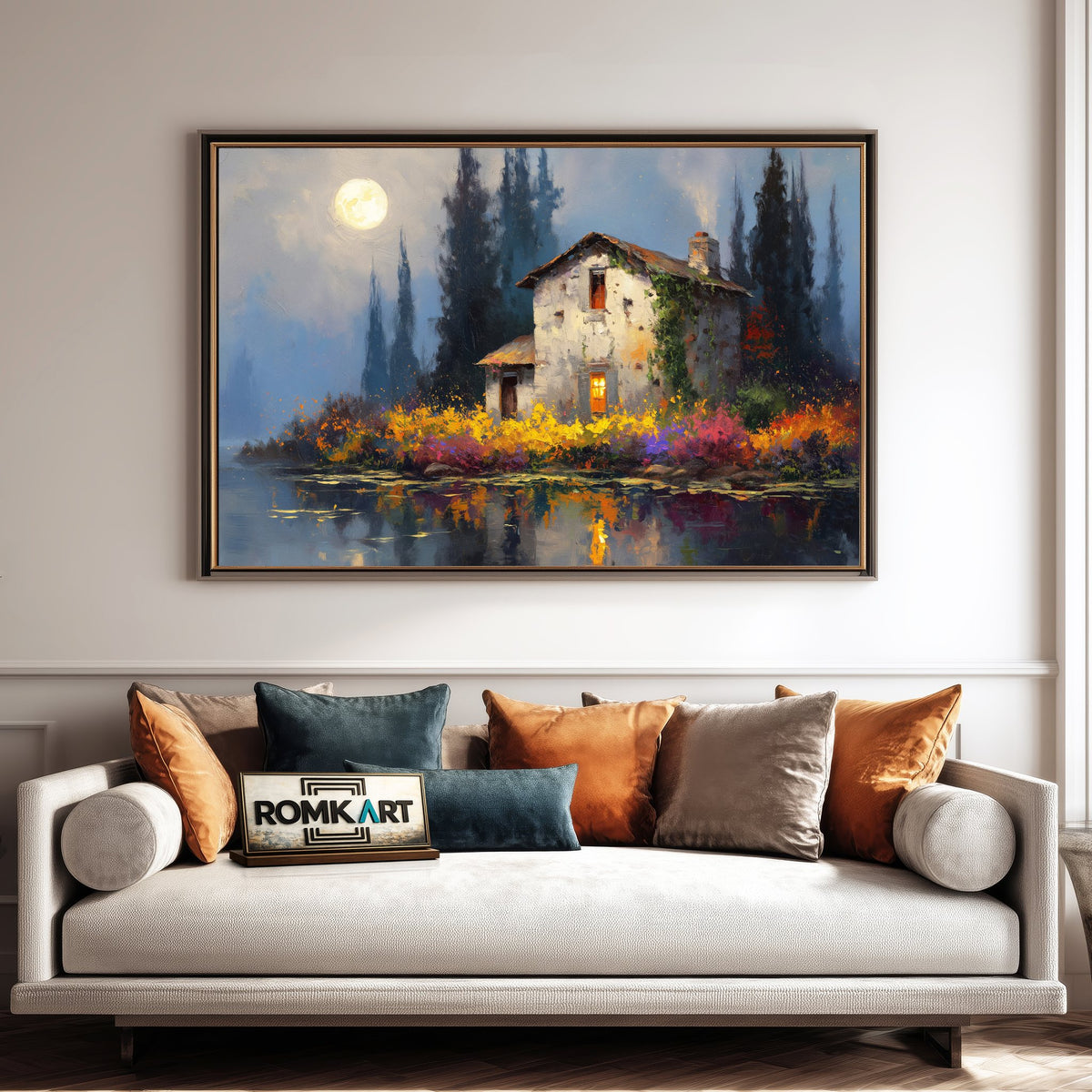 Lakeside under Full Moon Waterscape Oil Painting - image 4