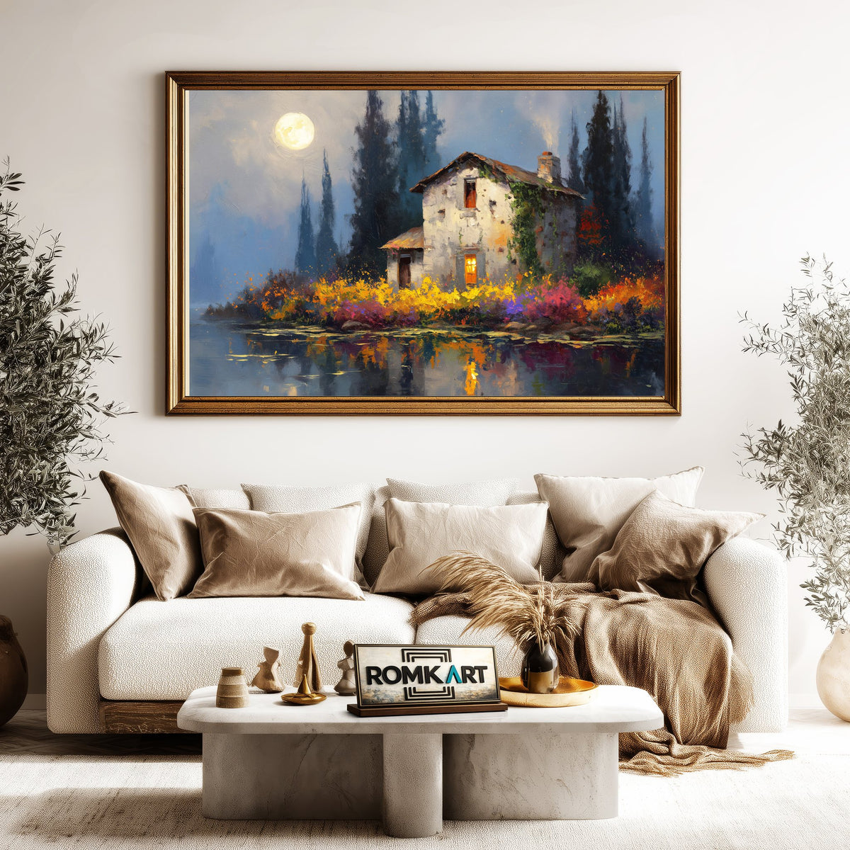 Lakeside under Full Moon Waterscape Oil Painting - image 5
