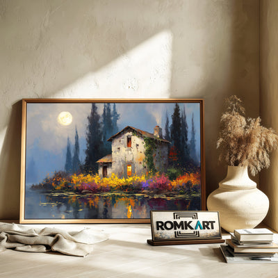 Lakeside under Full Moon Waterscape Oil Painting - image 6