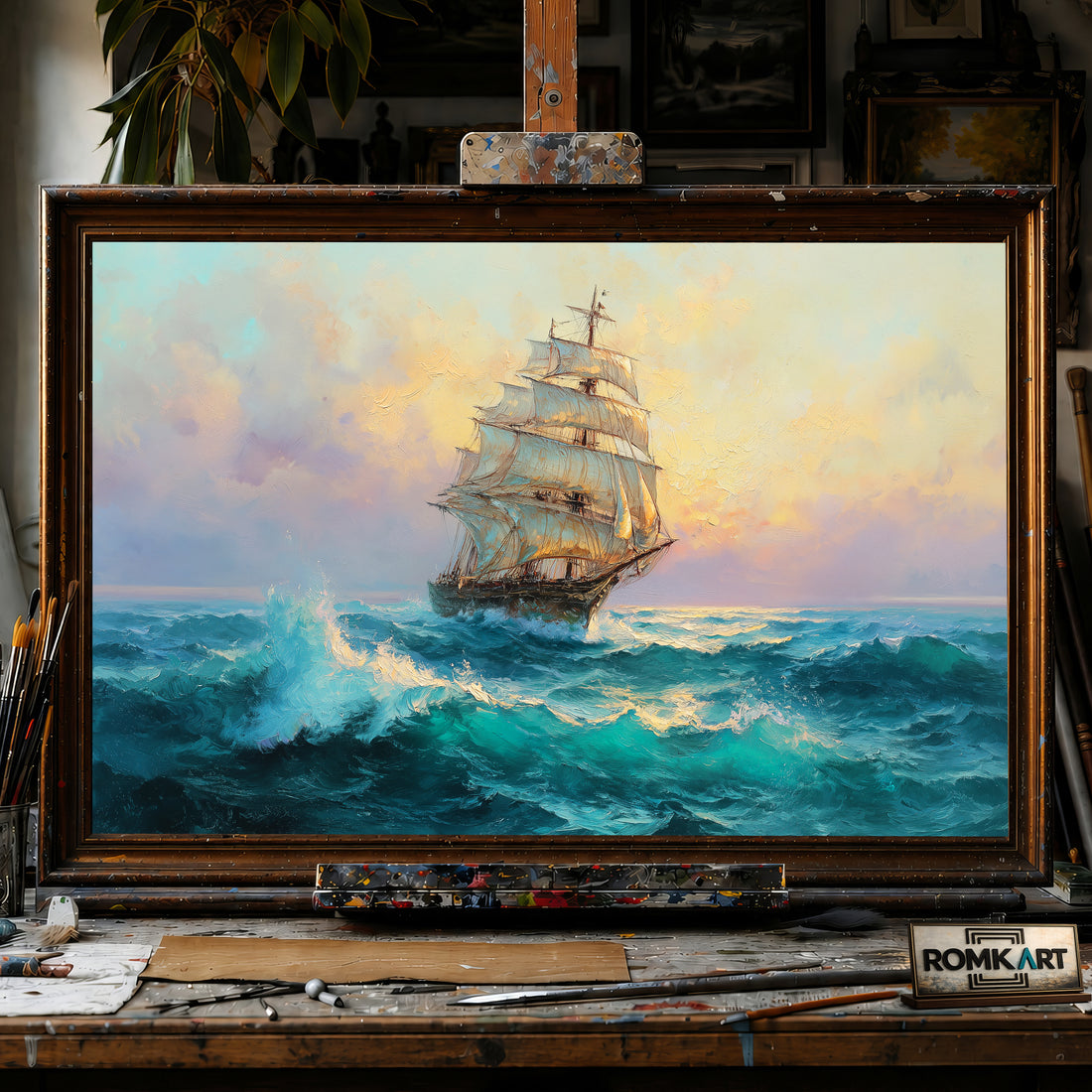 Large Old Sailing Ship Maritime Oil Painting