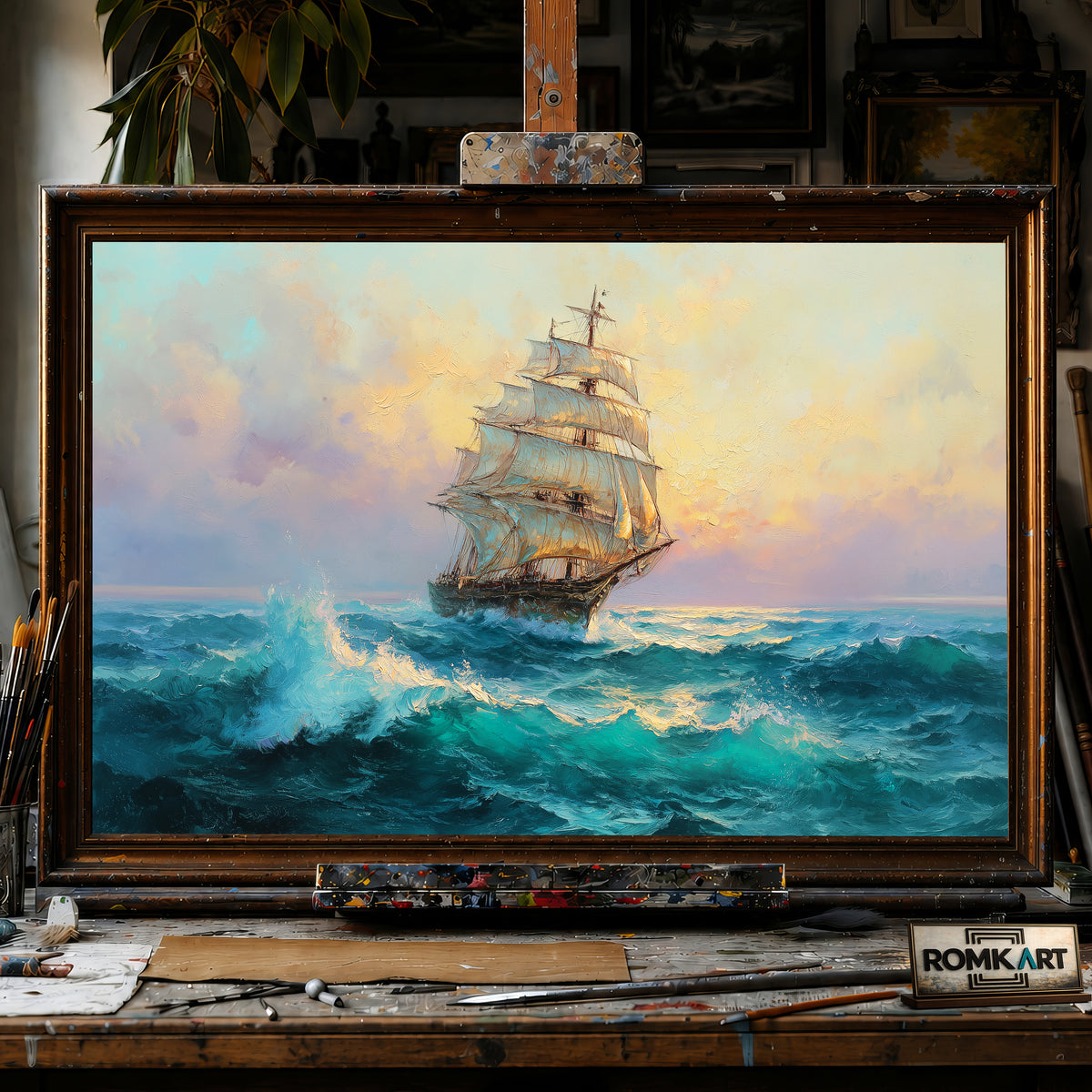 Large Old Sailing Ship Maritime Oil Painting