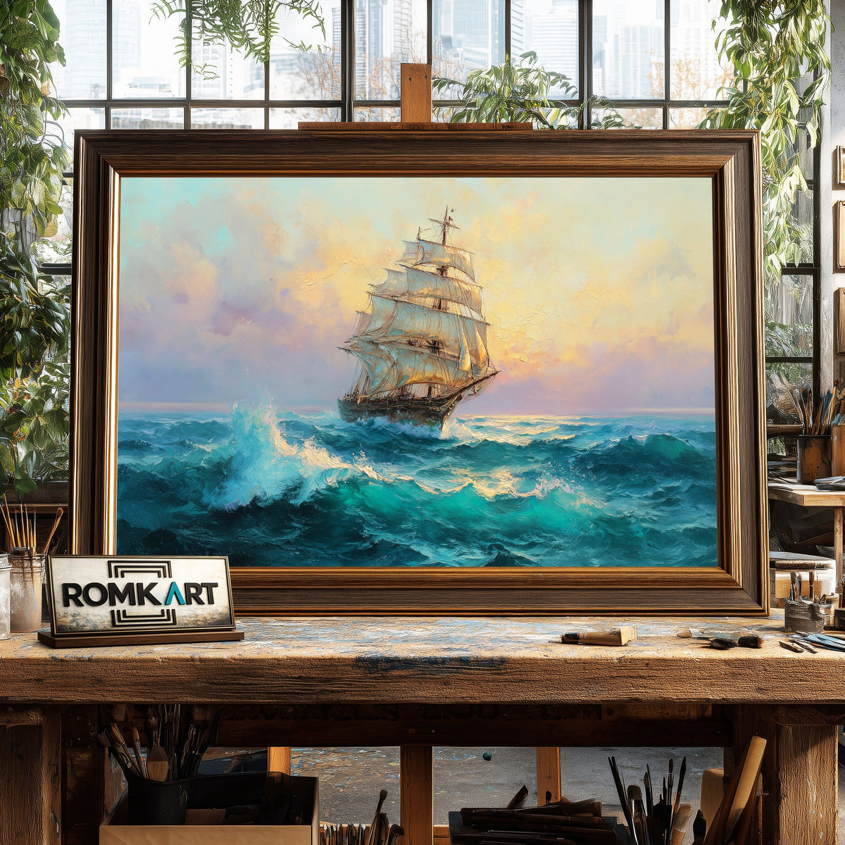 Large Old Sailing Ship Maritime Oil Painting - image 2