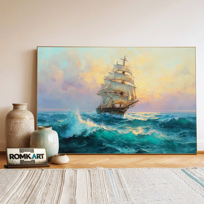 Large Old Sailing Ship Maritime Oil Painting - image 3