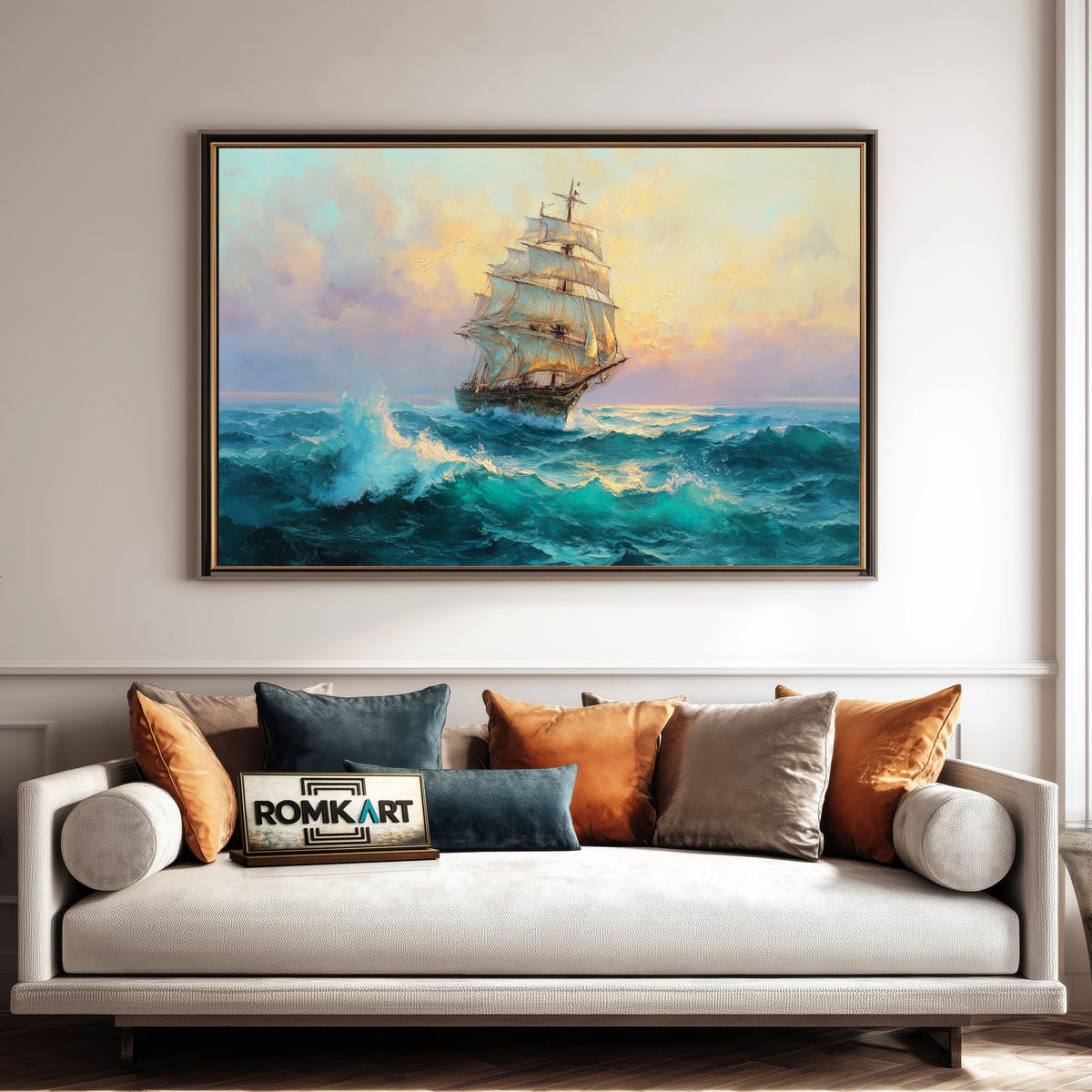 Large Old Sailing Ship Maritime Oil Painting - image 4