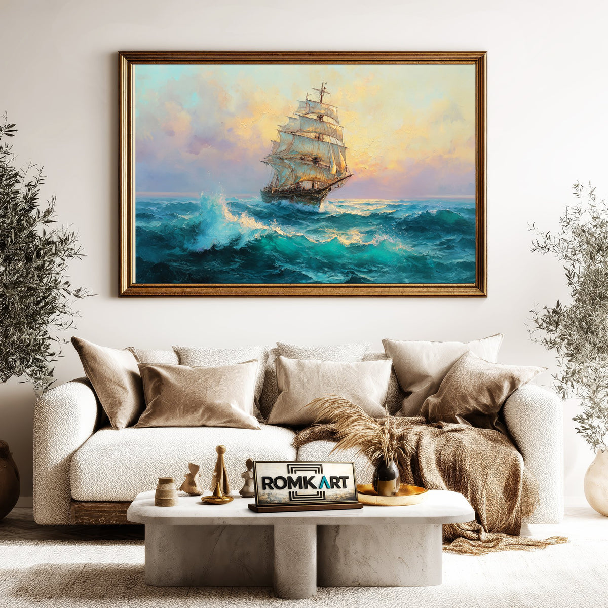 Large Old Sailing Ship Maritime Oil Painting - image 5