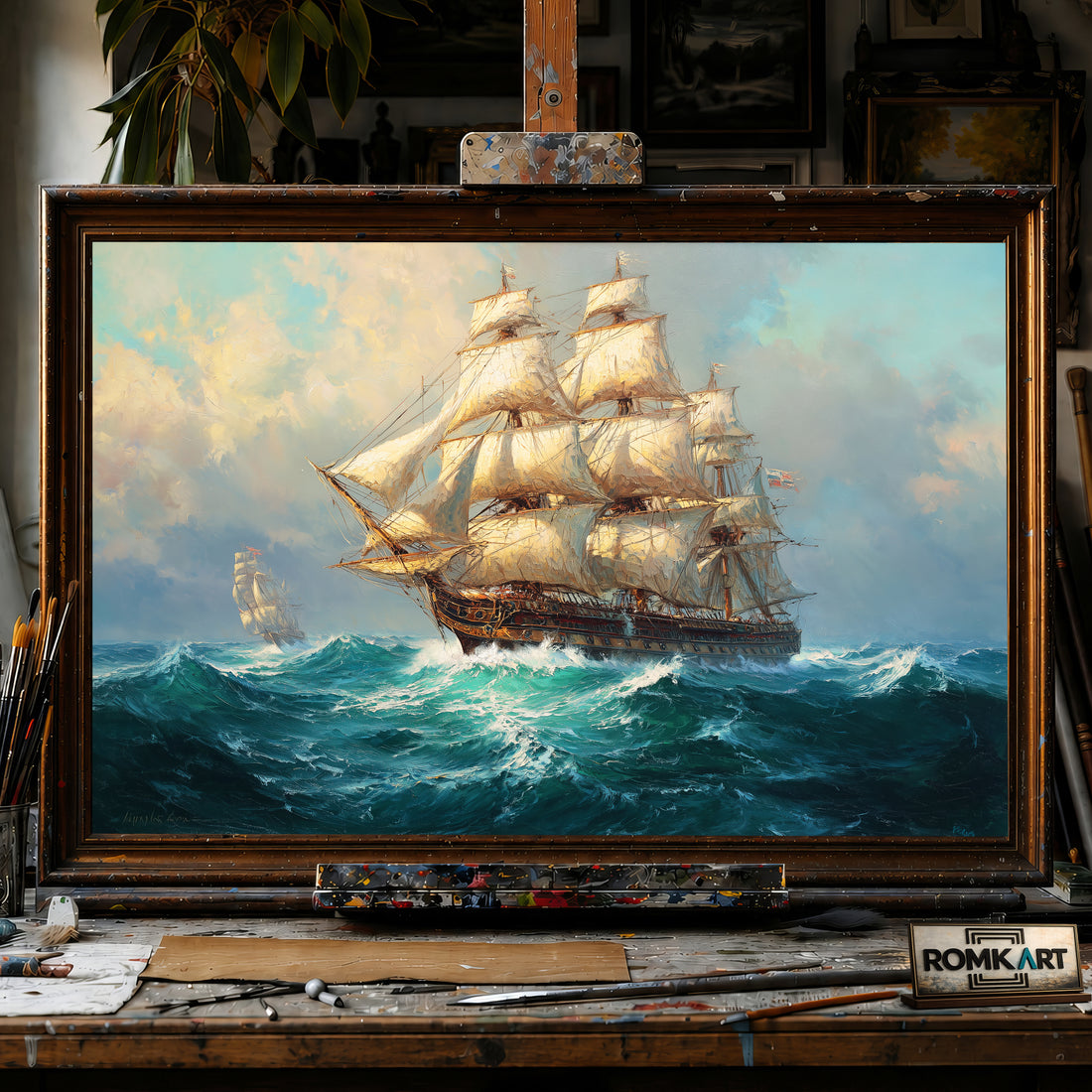 Large Sailing Ship in Stormy Sea Maritime Oil Painting