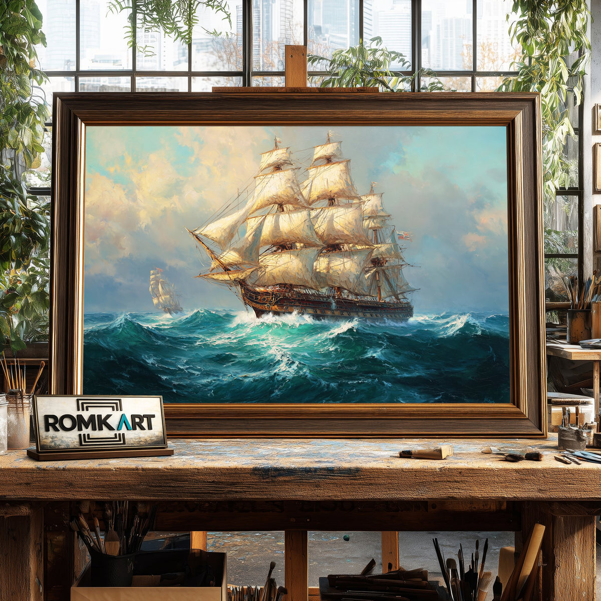 Large Sailing Ship in Stormy Sea Maritime Oil Painting - image 2