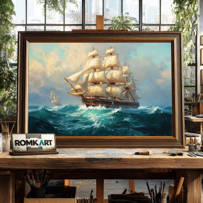 Large Sailing Ship in Stormy Sea Maritime Oil Painting - image 2
