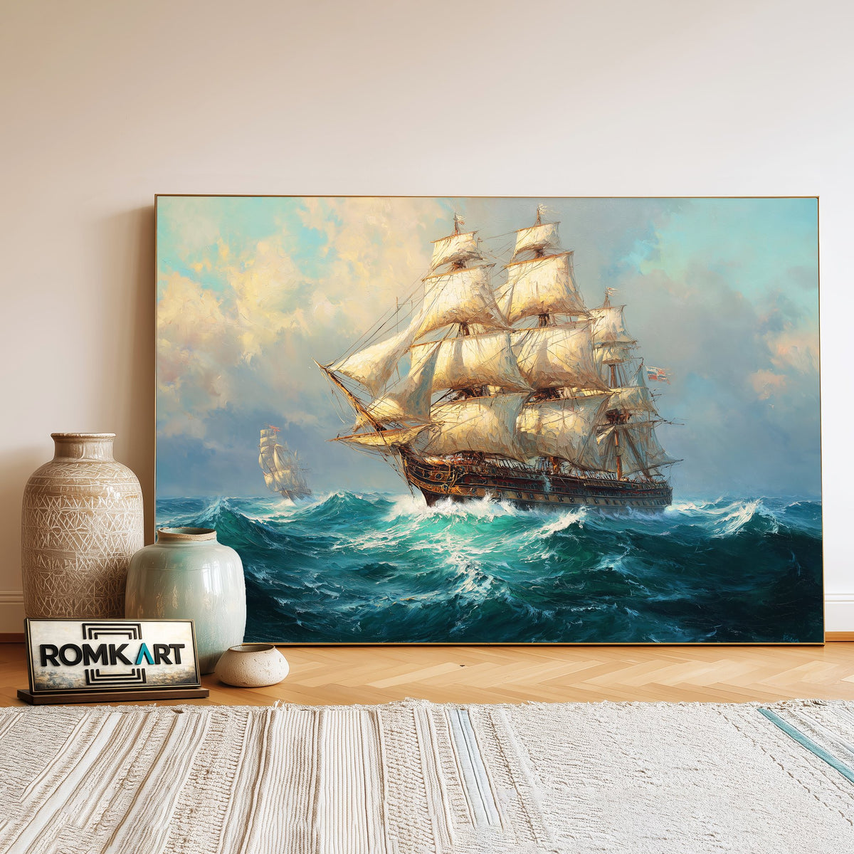Large Sailing Ship in Stormy Sea Maritime Oil Painting - image 3