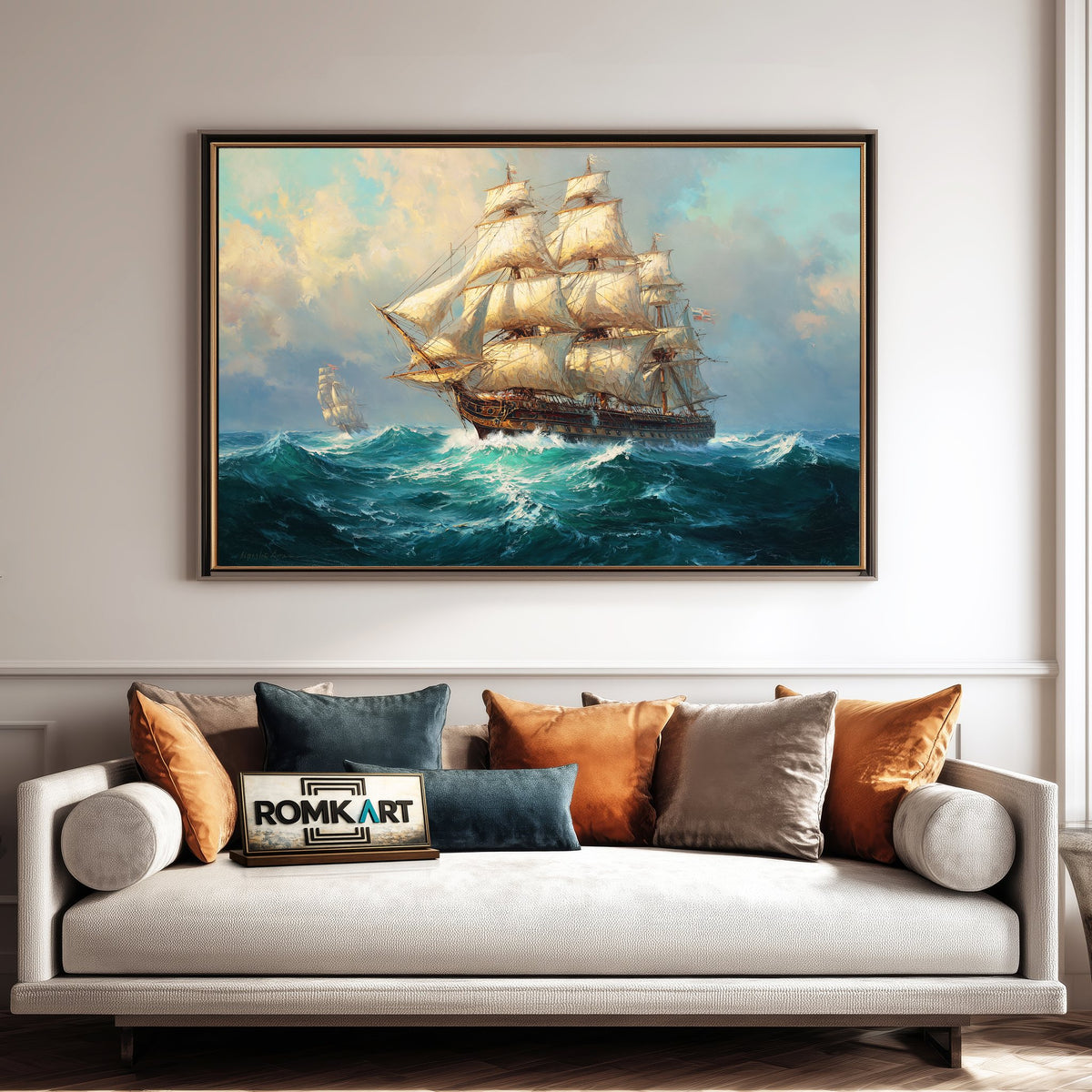 Large Sailing Ship in Stormy Sea Maritime Oil Painting - image 4