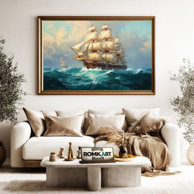 Large Sailing Ship in Stormy Sea Maritime Oil Painting - image 5
