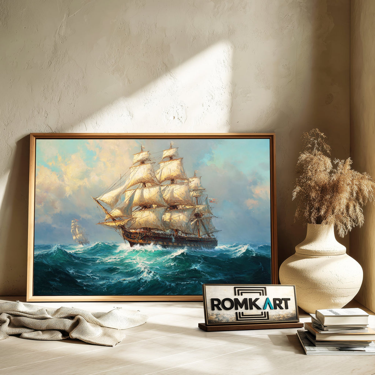 Large Sailing Ship in Stormy Sea Maritime Oil Painting - image 6