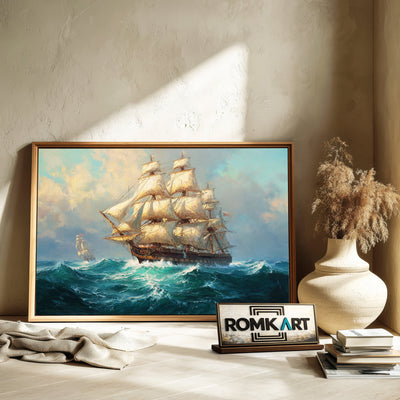 Large Sailing Ship in Stormy Sea Maritime Oil Painting - image 6
