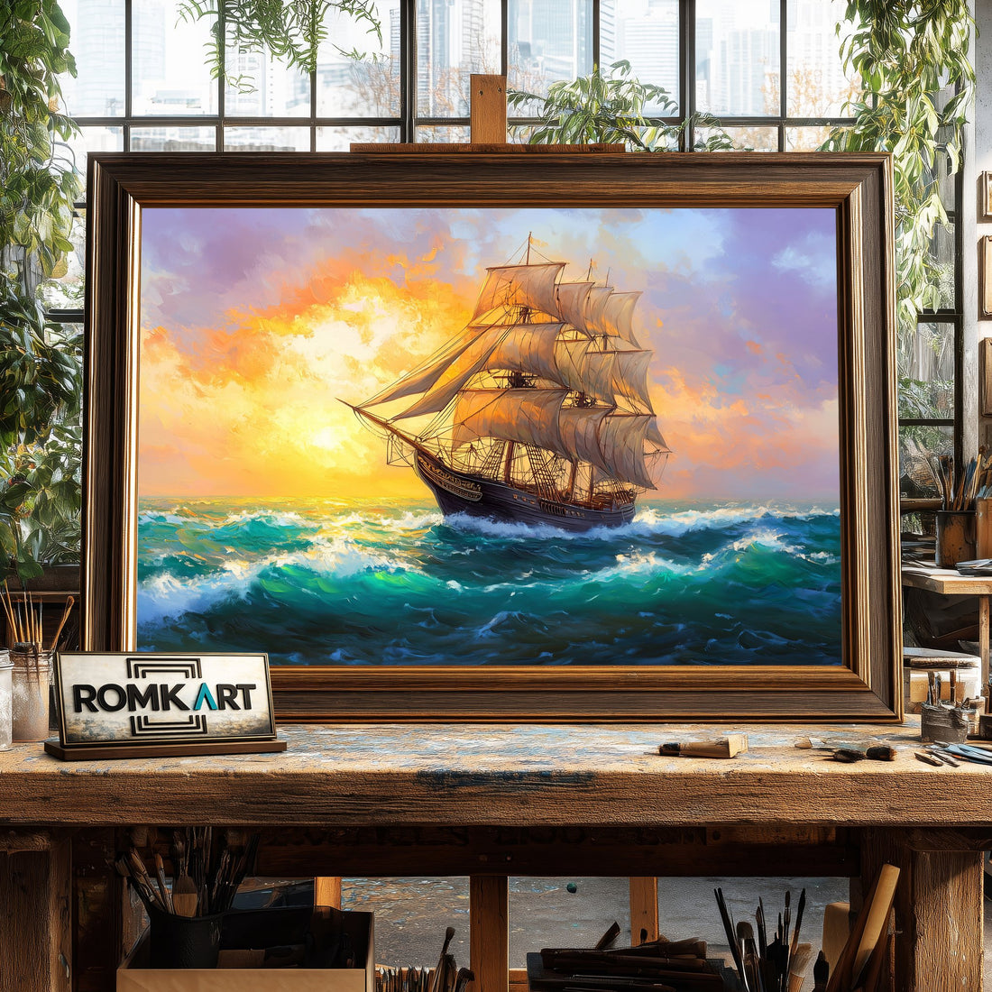 Large Sails Ship Maritime Oil Painting