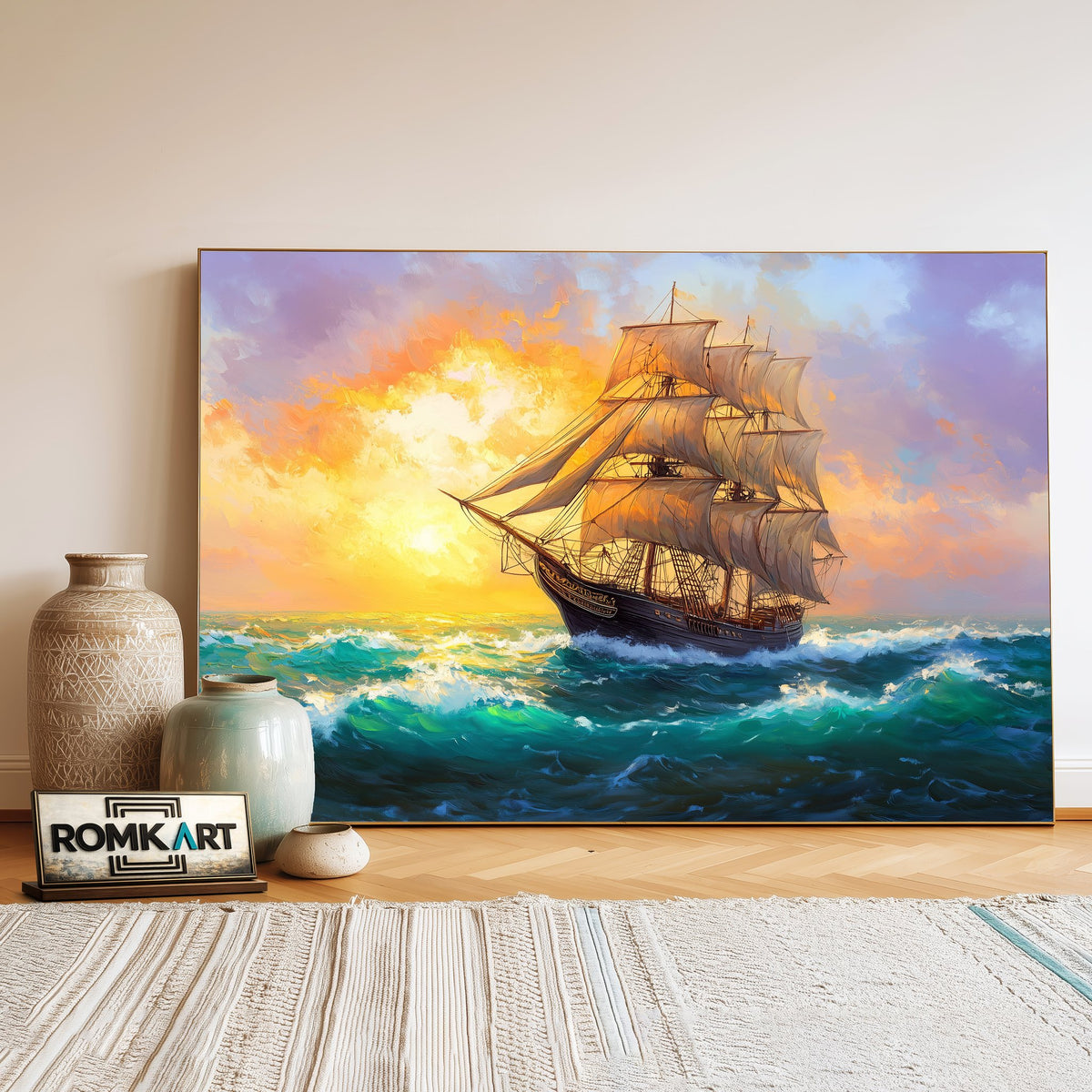 Large Sails Ship Maritime Oil Painting - image 3