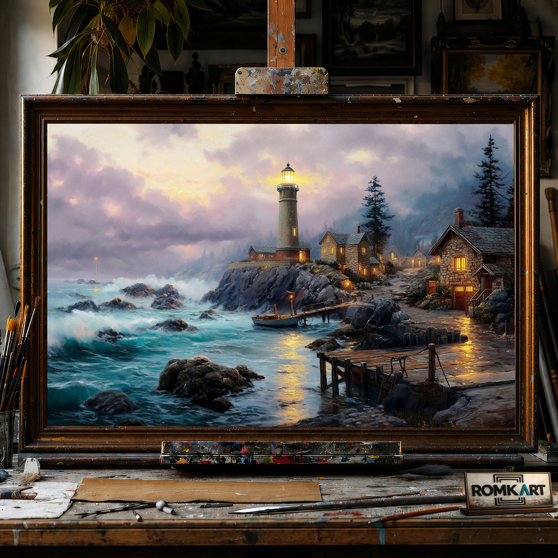 Lighthouse at Seacape Night hand-painted oil painting on canvas